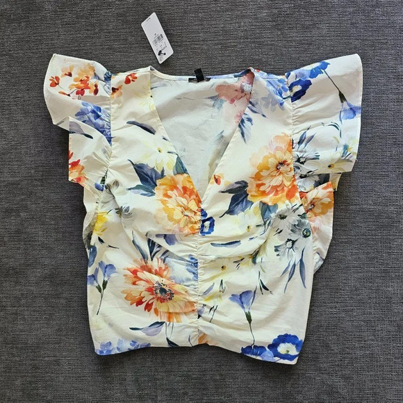 Express Floral V-Neck Flutter Sleeve Ruched Top Multi-Color For Women's Small - Picture 2 of 13